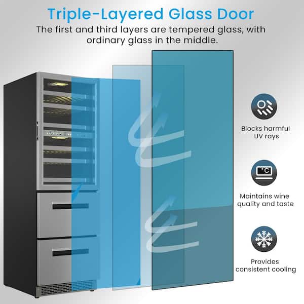 84-Bottles Built-in and Freestanding Triple Temperature Zone Wine Bev Cooler and 2-Drawers 7 Color LED in Silver