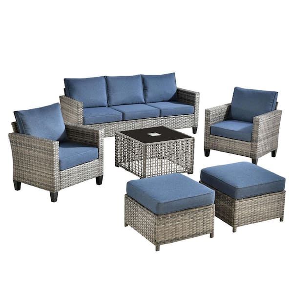 OVIOS New Vultros Gray 6-Piece Wicker Patio Conversation Set with