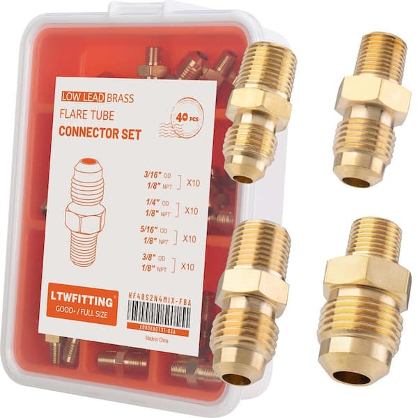 LTWFITTING Tube OD (3/16 in. 1/4 in. 5/16 in. 3/8 in.) x 1/8 in. Male NPT Brass Flare Connector Set (40-Pack)
