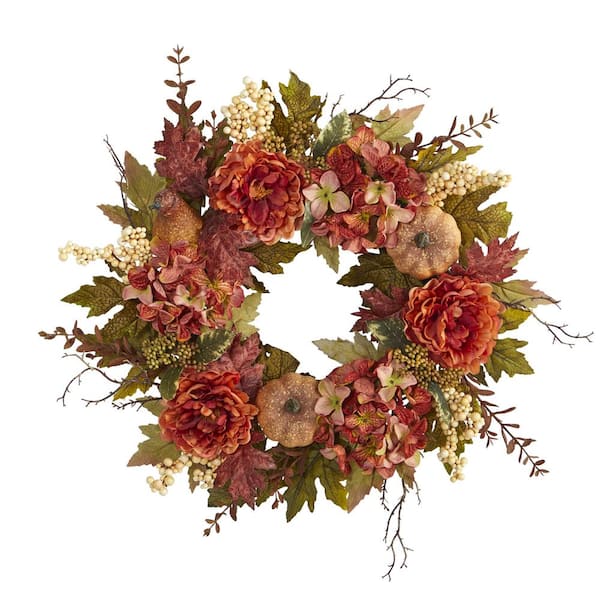 Nearly Natural 24 in. Fall Peony, Hydrangea and Pumpkin Artificial Wreath