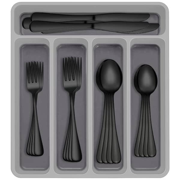 60-Piece Black Food-Grade 18/0 Stainless Steel Flatware Set with Organizer (Service for 12), Mirror Polished
