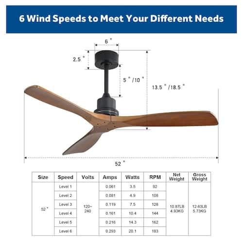 52 in. Outdoor Farmhouse Ceiling Fan with Remote Control Solid Wood Fan Blade Reversible Motor, Downrod Mount Ceiling Fans Without Lights