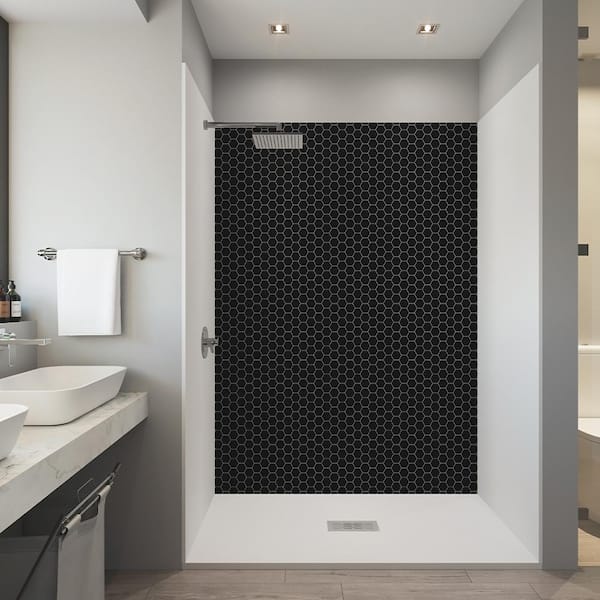 CASTICO Hexagon Black 32 in. x 60 in. x 84 in. Solid Composite Stone Alcove Shower Kit w/ Walls and White Pan Base Center Drain