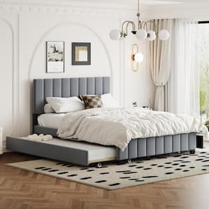 Gray Wood Frame Queen Size Velvet Upholstered Platform Bed with 1 Twin XL Trundle and 2 Drawers