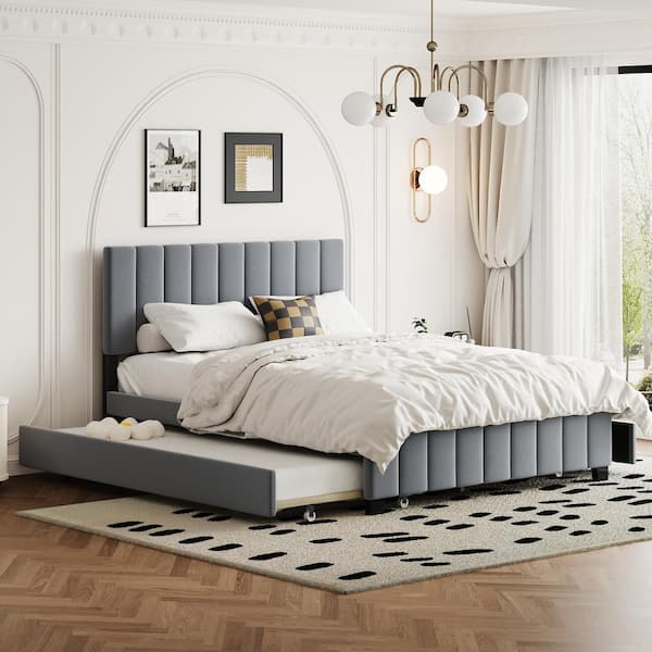 Qualler Gray Wood Frame Queen Size Velvet Upholstered Platform Bed with 1 Twin XL Trundle and 2 Drawers
