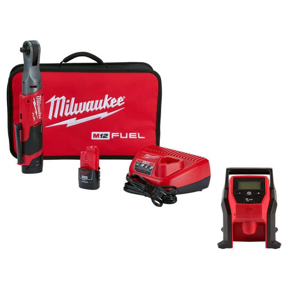 Milwaukee M12 FUEL 12V Lithium-Ion Brushless Cordless 3/8 in. Ratchet Kit W/M12 Compact Inflator -  2557-22-2475-20