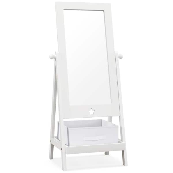 17.5 in. W x 44 in. H Freestanding Wood Mirror for Kids Dressing with Shelf 2 Side Hooks and Foldable Fabric Storage Bin