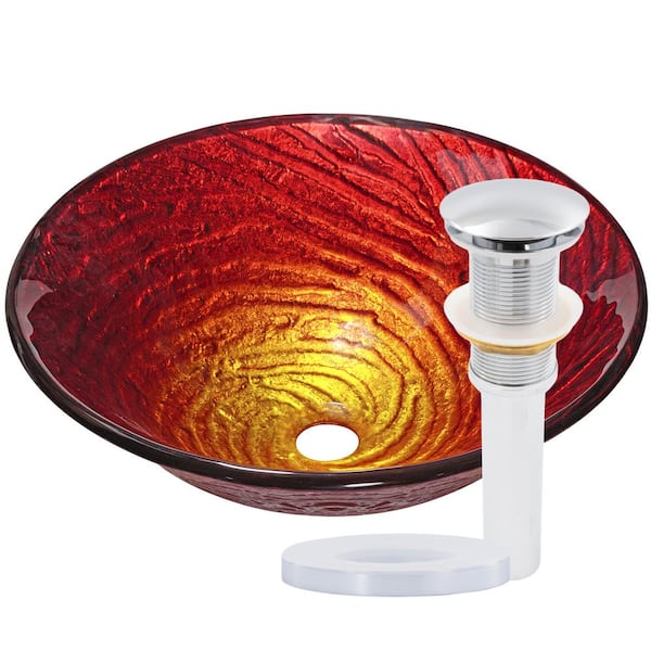 Misto Artisan Hand-Painted 16 in. Tempered Glass Round Vessel Bathroom Sink in Multi-Colored with Drain in Chrome