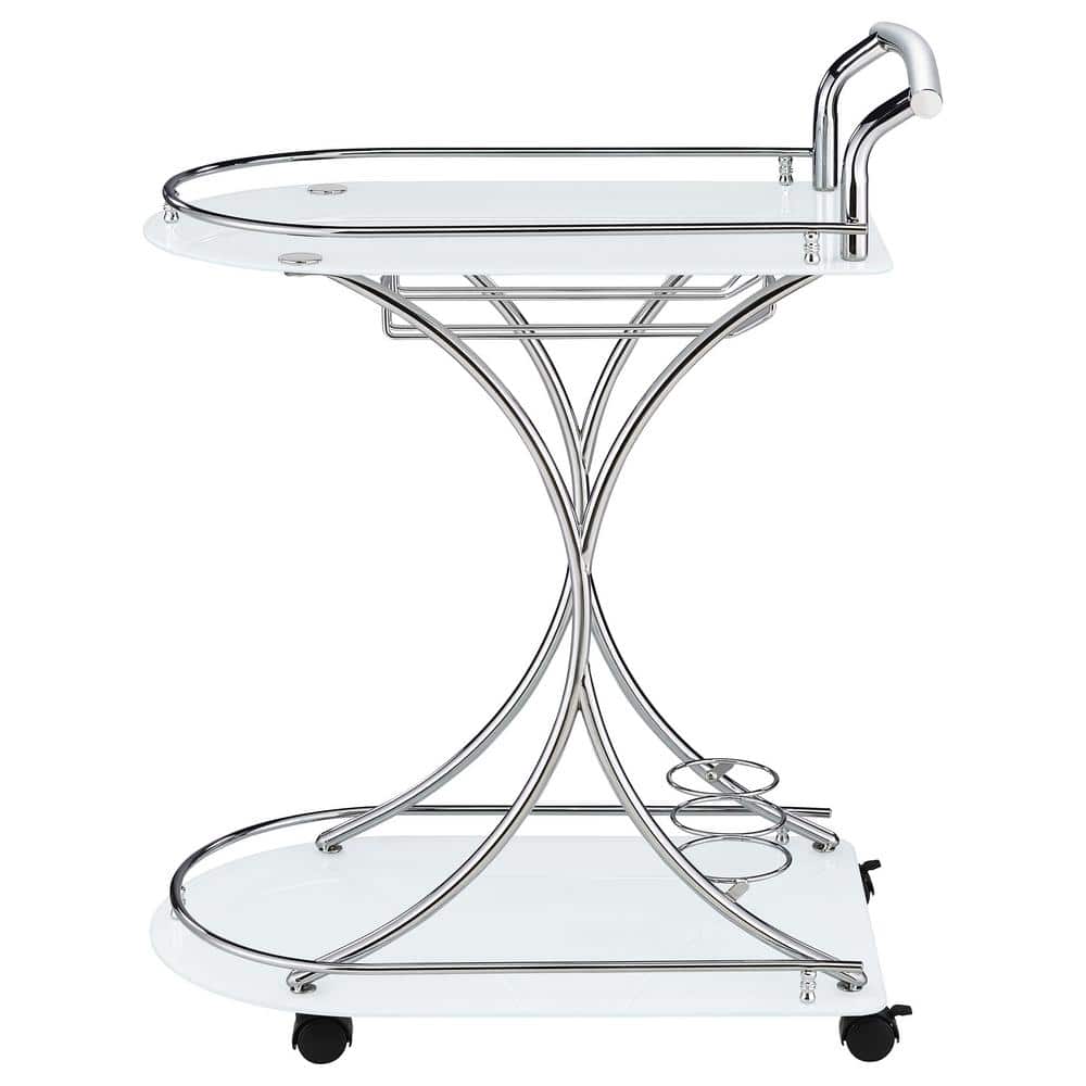 Chrome and White Glass Contemporary Serving Cart with Stemware Rack