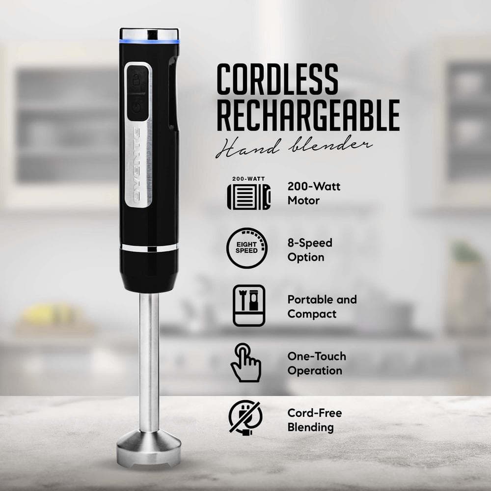 Ovente 8-Speed White Cordless Immersion Hand Blender with Stainless Steel Blades