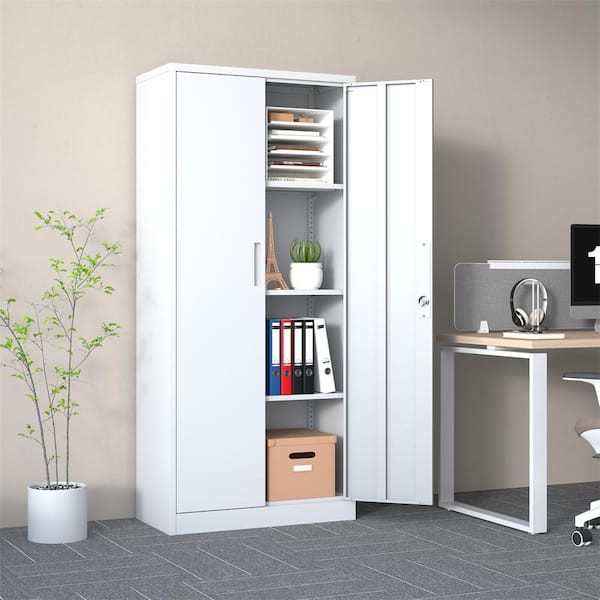 White 71 in. H Metal Office Storage Cabinet Steel Locking Cabinet with Doors and 3 Adjustable Shelves