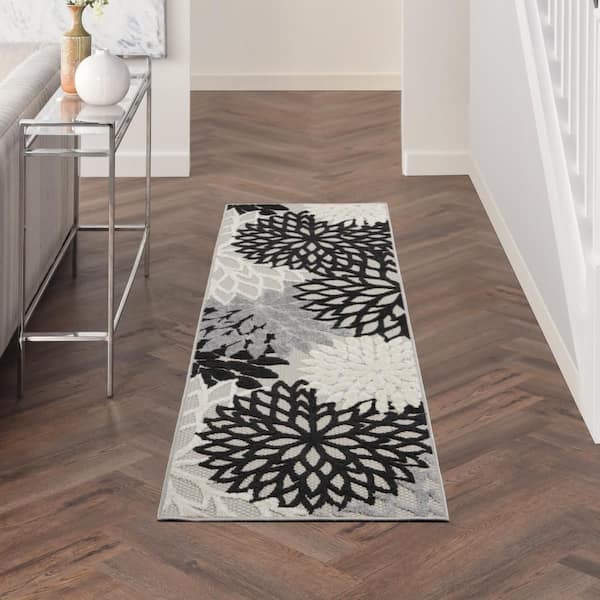 Aloha Black White 2 ft. x 6 ft. Kitchen Runner Floral Contemporary Indoor/Outdoor Patio Area Rug