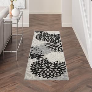 Aloha Black White 2 ft. x 6 ft. Kitchen Runner Floral Contemporary Indoor/Outdoor Patio Area Rug