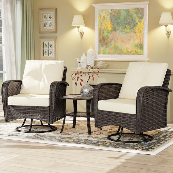 3-Piece Wicker Swivel Outdoor Rocking Chair Set with Beige Cushions