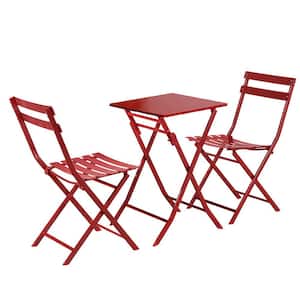 3-Piece Outdoor Patio Bistro Set of Foldable SquareTable and Chairs in Red