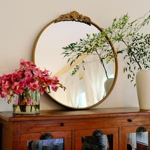 32 in. W x 30 in. H Vintage Antique Gold Round Ornate Metal Frame Decorative Wall Mirror