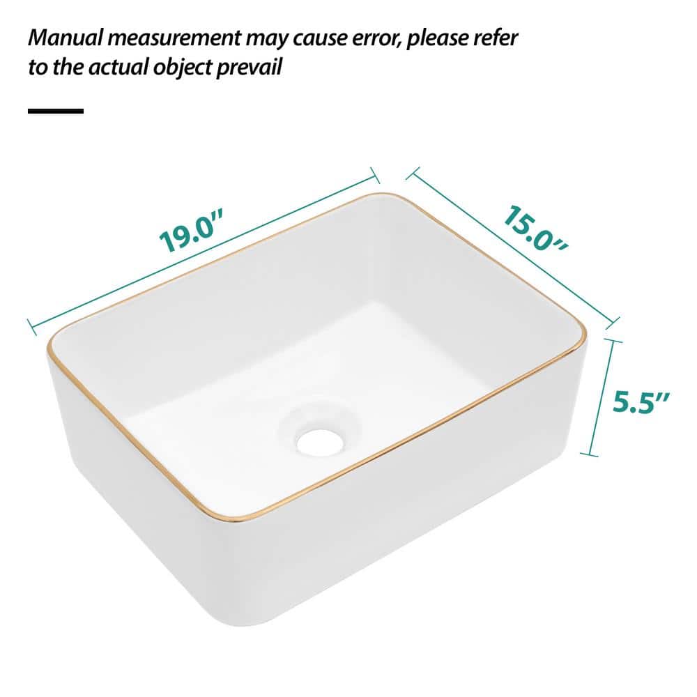 19x15 Inch White Ceramic Rectangular Vessel Bathroom Sink with Gold Trim
