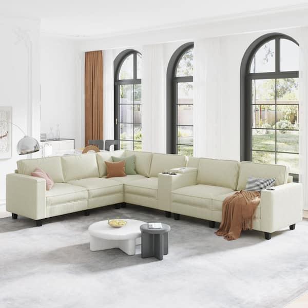 Nerita 133.4 in. Corduroy L-Shaped Sectional Sofa in. Beige with Storage Armrests, USB Charging, Cup Holders
