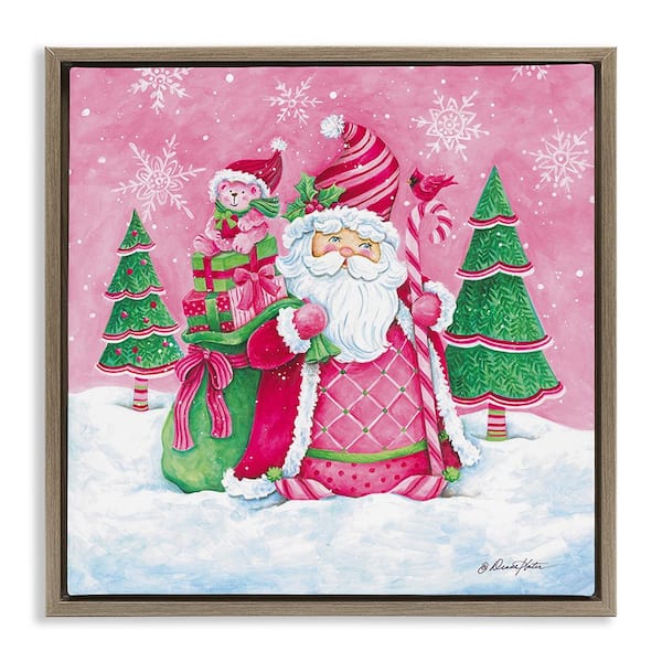 Stupell Industries Pink and Green Santa Scene by Diane Kater 1-Piece Floater Frame Graphic Print Nature Poster Art Print 18 in. x 18 in.