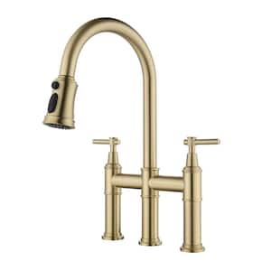 Double Handle 360°Swivel Spout Bridge Kitchen Faucet with Pull-Down Spray Head and 3-Modes in Brushed Gold