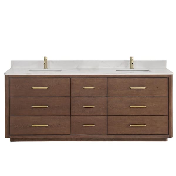 ROSWELL Porto 84 in. W x 22 in. D x 33.8 in. H Double Sink Bath Vanity in Dark Brown with White Quartz Stone Top