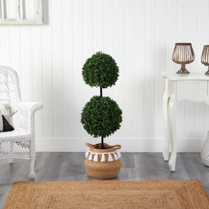 3.5' Green Boxwood Double Ball Faux Topiary Tree in Handmade Cotton Planter with Tassels UV Resistant (Indoor/Outdoor)