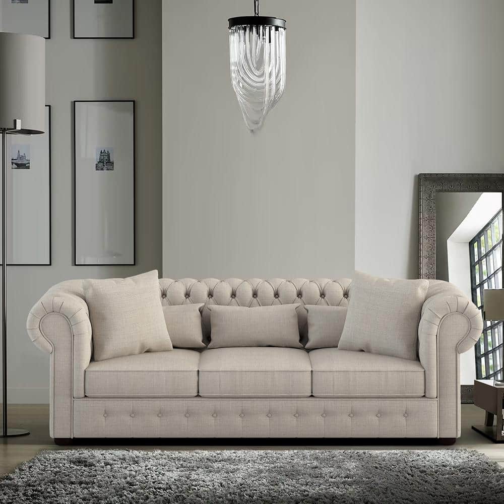 Elegant Savonburg 98.5" Beige Fabric Chesterfield Sofa with Button Tufting