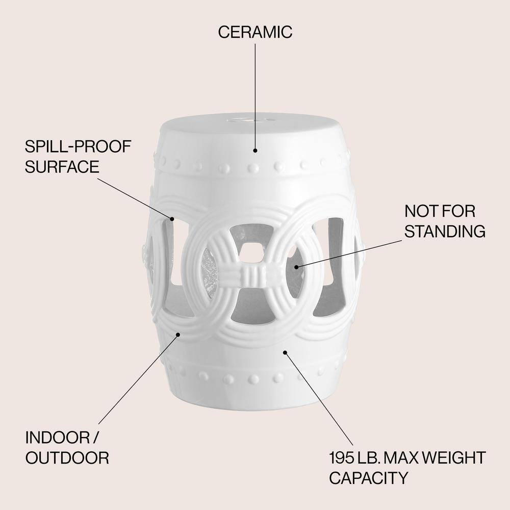 White Ceramic Drum Garden Stool with Lucky Coin Symbols, 16"