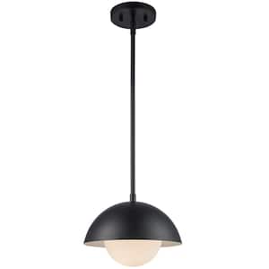 Maureen 10 in. 1-Light Black Pendant Light Fixture with Metal Dome and White Opal Glass Shade