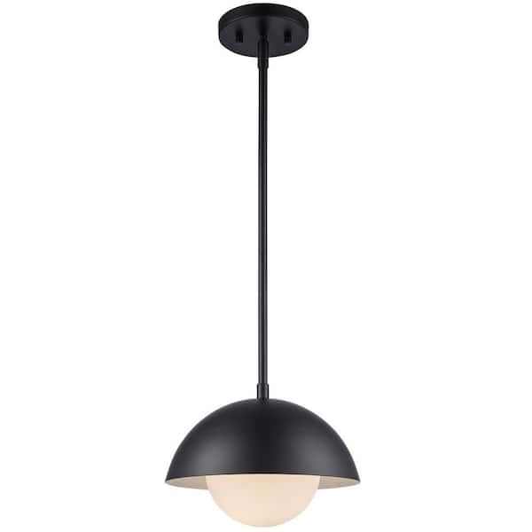 Bel Air Lighting Maureen 10 in. 1-Light Black Pendant Light Fixture with Metal Dome and White Opal Glass Shade
