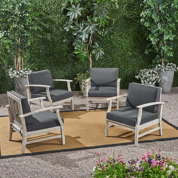 Noble House Perla Light Grey Removable Cushions Wood Outdoor Lounge Chair with Dark Grey Cushions (4-Pack)