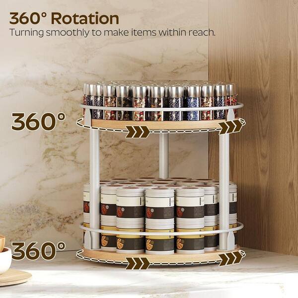 Whatseaso 10.2 in. 2 Tier Wood Rotating Spice Rack in White and