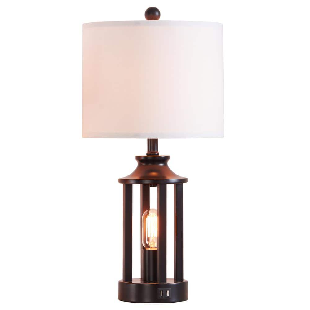 23.6" Black Matte Metal Table Lamp Set with White Linen Drum Shade
