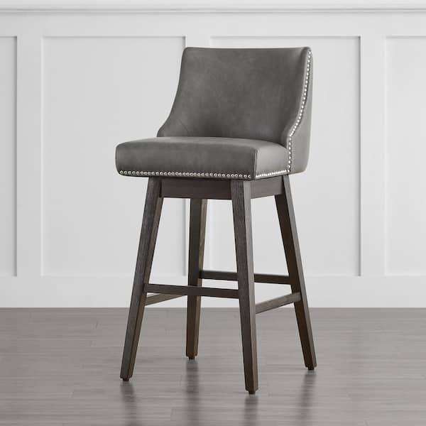 Martin 30 in. Dark Grey Solid Wood Frame Swivel Counter Height Bar Stool with Back and Faux Leather Seat (Set of 2)