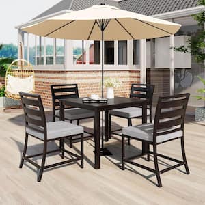 Dark Brown 5-Piece Metal and Acacia Wood Table Top Outdoor Dining Set and Umbrella Hole with Gray Cushions