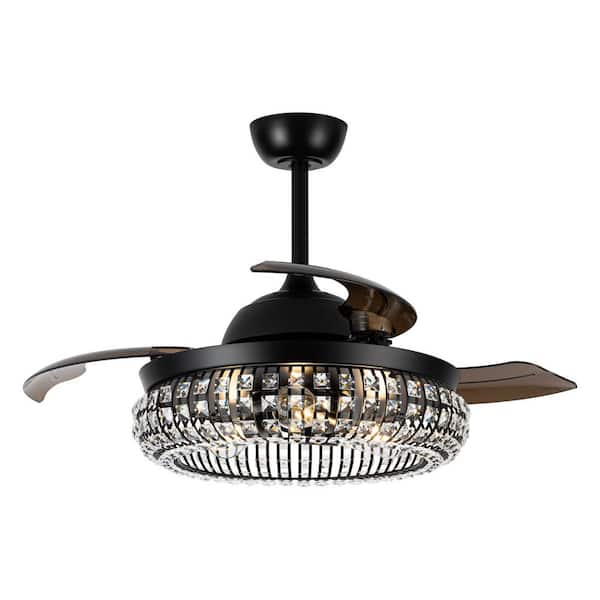 Parrot Uncle 42 in. Indoor Modern Black Retractable 3-Blade Crystal Ceiling Fan Chandelier with Light Kit and Remote Control