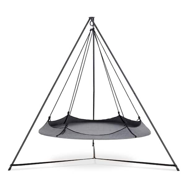HANGOUT POD 6 ft. Portable Circular Family Hammock Bed with Stand in Gray and Black