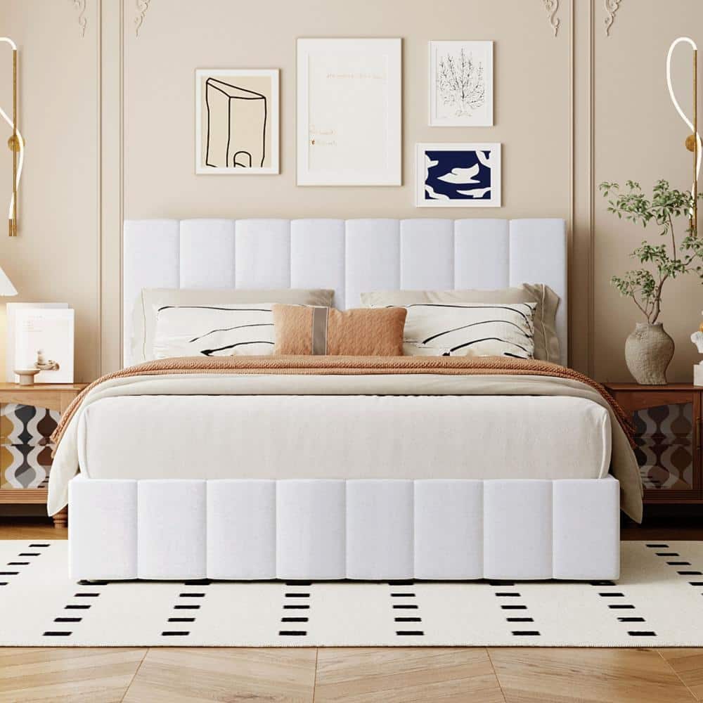 White Queen Upholstered Platform Bed with Hydraulic Storage System - Linen price history on PriceWatchPro