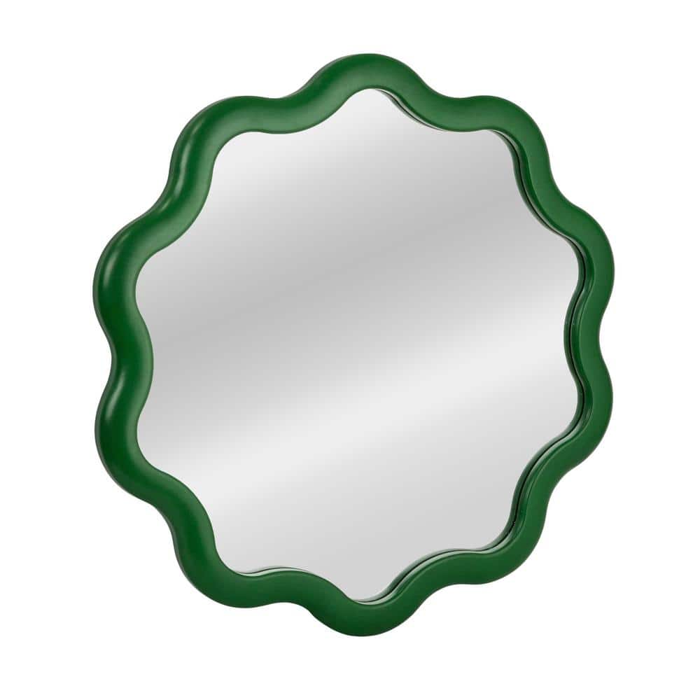 Round Green Scalloped Wood Wall Mirror