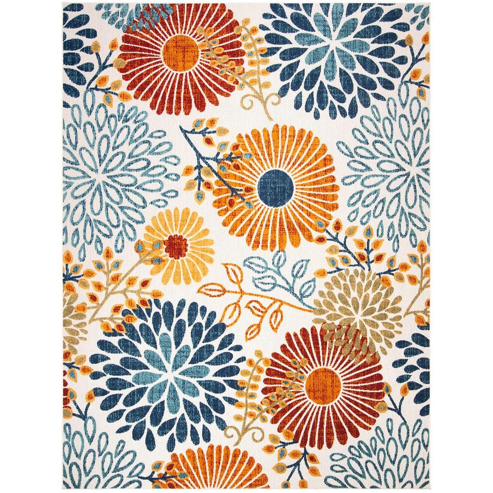 White 8 ft. x 10 ft. Floral Synthetic Indoor/Outdoor Area Rug