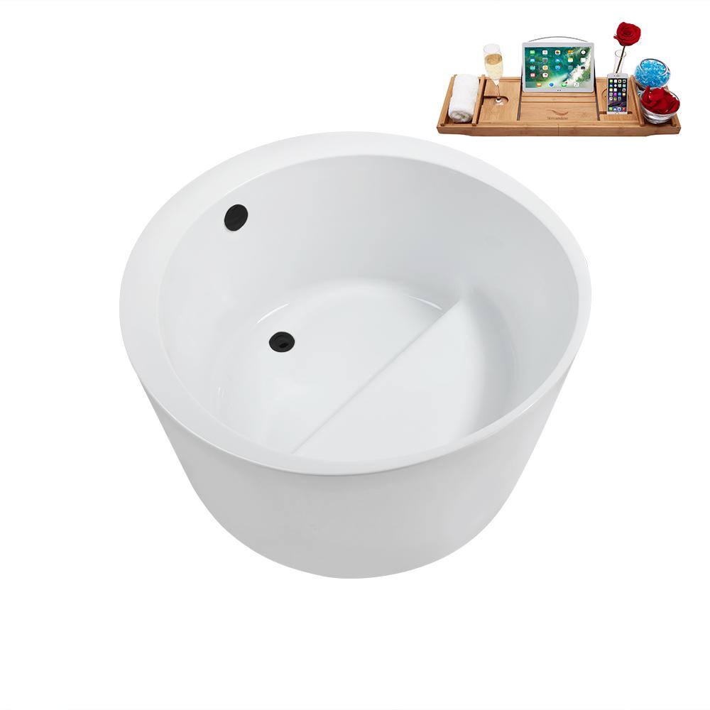43.3'' Glossy White Acrylic Freestanding Soaking Tub with Matte Black Drain