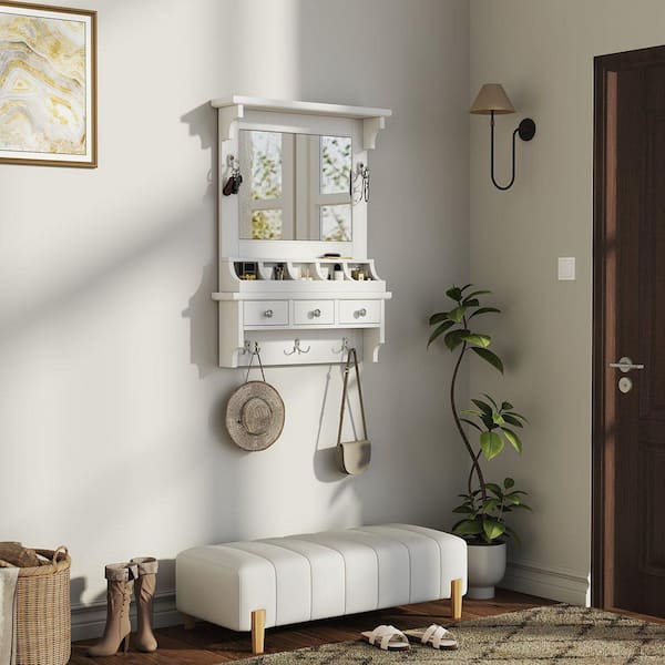 2-Piece White Floating Makeup Vanity Set with Large Mirror and 3-Drawer