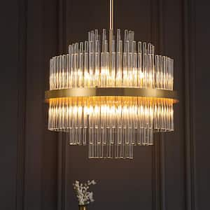 Reith 12-Light Modern Glam Gold Linear Drum Crystal Chandelier 3-Tier Tapered Round Chandelier for Dining Room