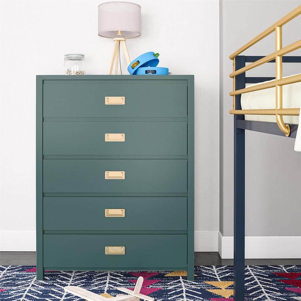Hunter Green Vertical 5-Drawer Kids' Dresser with Gold Pulls