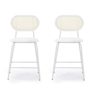 24 in. White Metal Frame Low Back Rattan Counter Height Bar Stools with Faux Leather Seat (set of 2)
