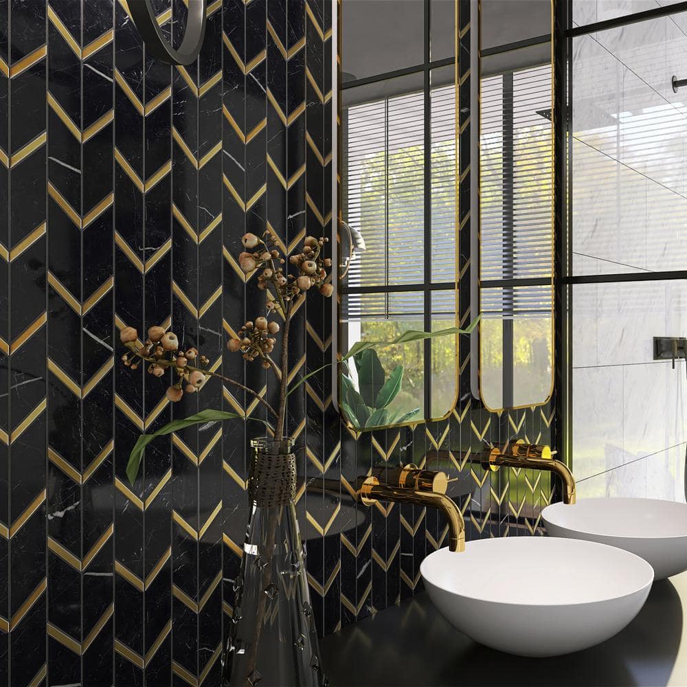Black and Gold Chevron Marble Mosaic Wall Tile