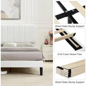 Upholstered Bed, White Wood Frame Full Platform Bed with Adjustable Headboard, Strong Wooden Slats Support Bed Frame