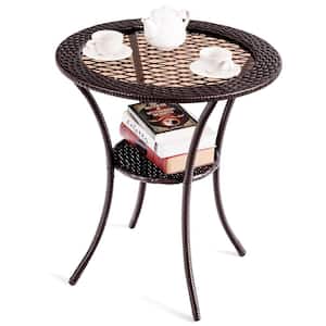 Round Wicker 28 in. Outdoor Coffee Table Steel Glass Top