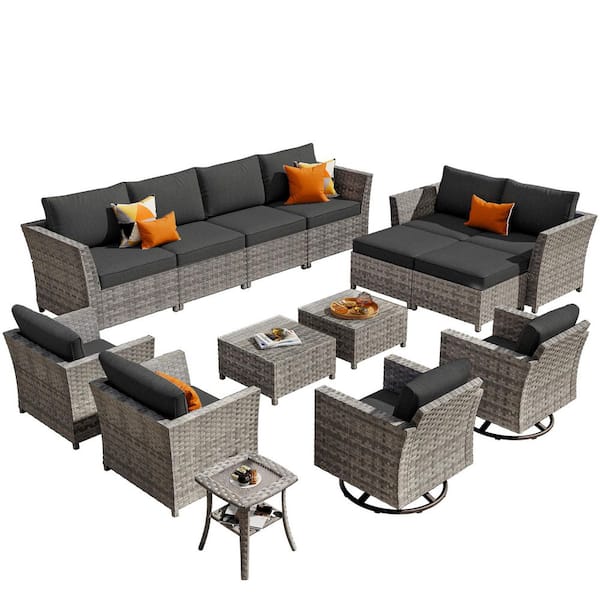 Carnation 15-Pieces Wicker Patio Conversation Sectional Sofa Set with Black Cushions and Swivel Rocking Chairs