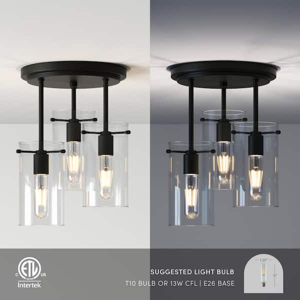 Modern Farmhouse Black Drum 3-Light Candlestick Semi-Flush Mount Ceiling  Light with Faux Wood Accent Clear Glass Shade